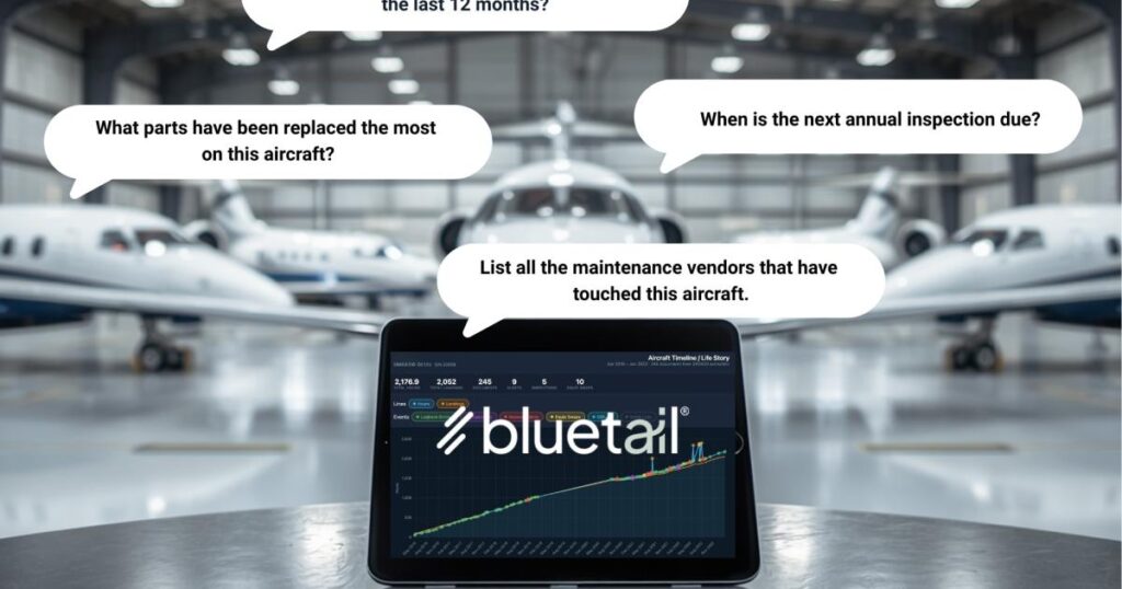 Interface da plataforma Bluetail com registros de manutenção organizados por IA, com linha do tempo cronológica e busca por palavra-chave